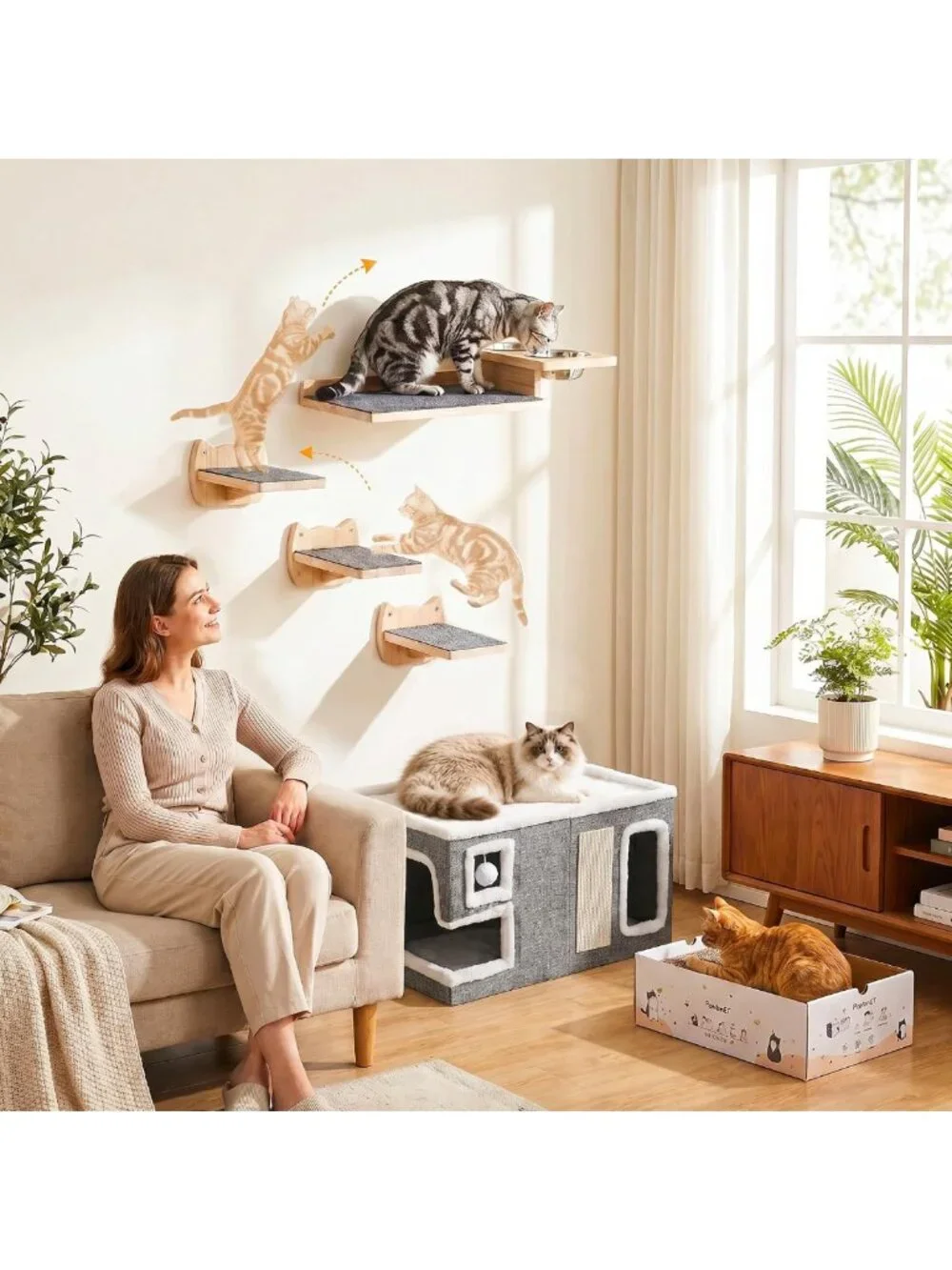 Elevated Cat Feeding Station with 3 Steps & 2 Bowls | Wall-Mounted Pet Shelf